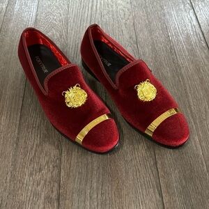 Foevtrue Velvet Gold Buckle Fashion Handmade Loafers Wine